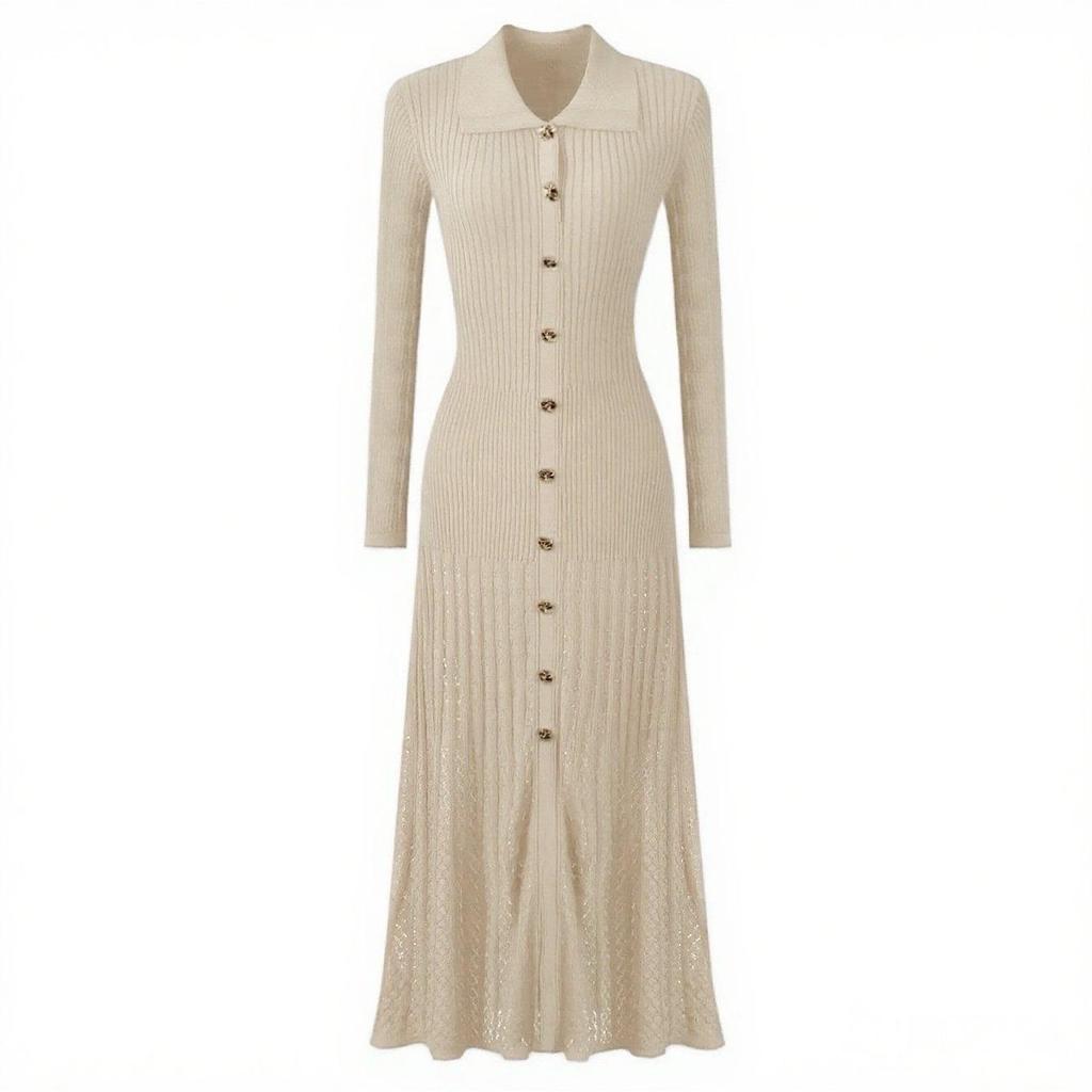 Přiléhavé evropské a americké pletené šaty s polo límečkem a rozšířenou sukní 2025 - Dámské středně dlouhé šaty se stahujícím pasem