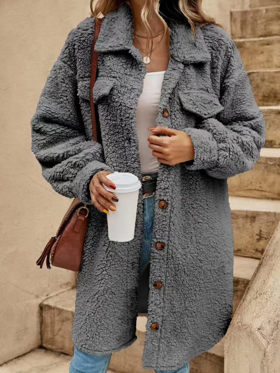 

Жіночий зимовий плюшевий довгий пальто 2024 року в європейському та американському стилі з лацканами та дизайном на ґудзиках 5XL сірий колір
