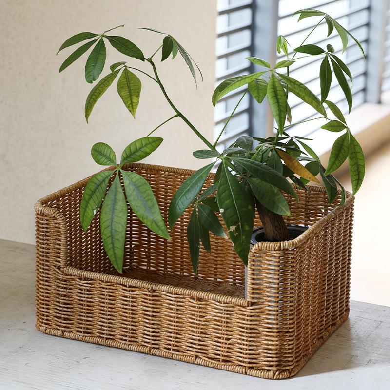 Imitation Rattan Storage Basket, File Organizer for Books Magazines, Study Office Desk & Cabinet Shelf Decor