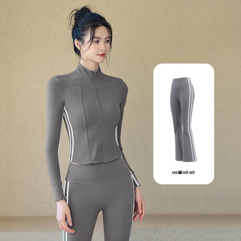 Flared Women's Yoga Pants and Sports Bra Set - Slimming, Striped, Tight-Fit for Running & Exercise