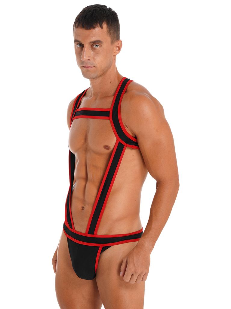 Mens Contrast Trim Chest Harness Jumpsuit Bulge Pouch Design One-Piece Bodysuit Jockstrap Underwear for Cosplay