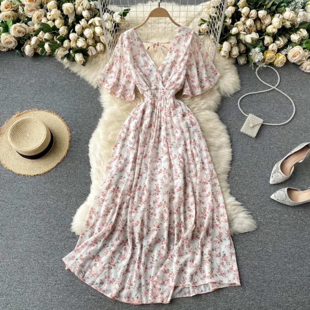 Women's V Neck Floral Chiffon Maxi Dress High Waist A-Line Casual Dress for Summer Vacation
