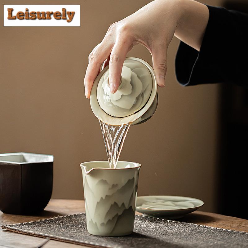 150ML Handmade Ru Kiln Porcelain Gaiwan Mountain Flower Sancai Ceramic Tea Tureen Tea Maker Cover Bowl Tea Items Supplies Gifts