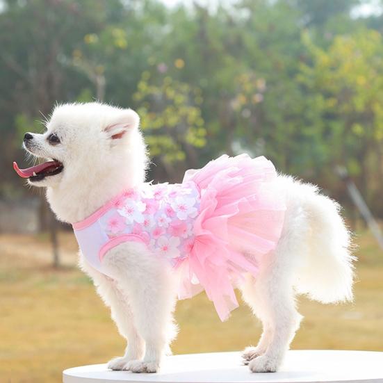 Dog Princess Dress Flower Printing Multi-layer Net Yarn Cotton Round Neck Teddy Wedding Skirt for Summer