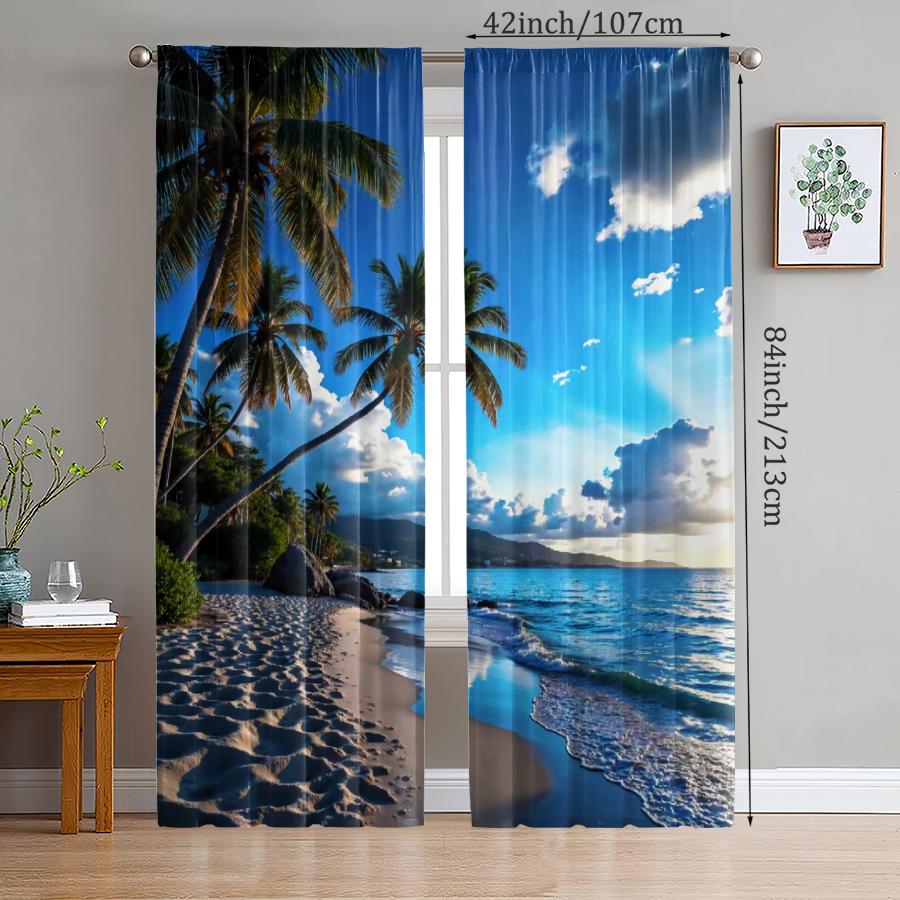 Blue sky and beach pattern printed curtains, pole bag curtains, Christmas decorations, daily home decorations, room decorations