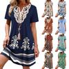 Damenkleid mit kurzen Ärmeln, lockerem Schnitt, knielang, mit geometrischem Print und besticktem Ausschnitt für den lässigen Alltagsgebrauch