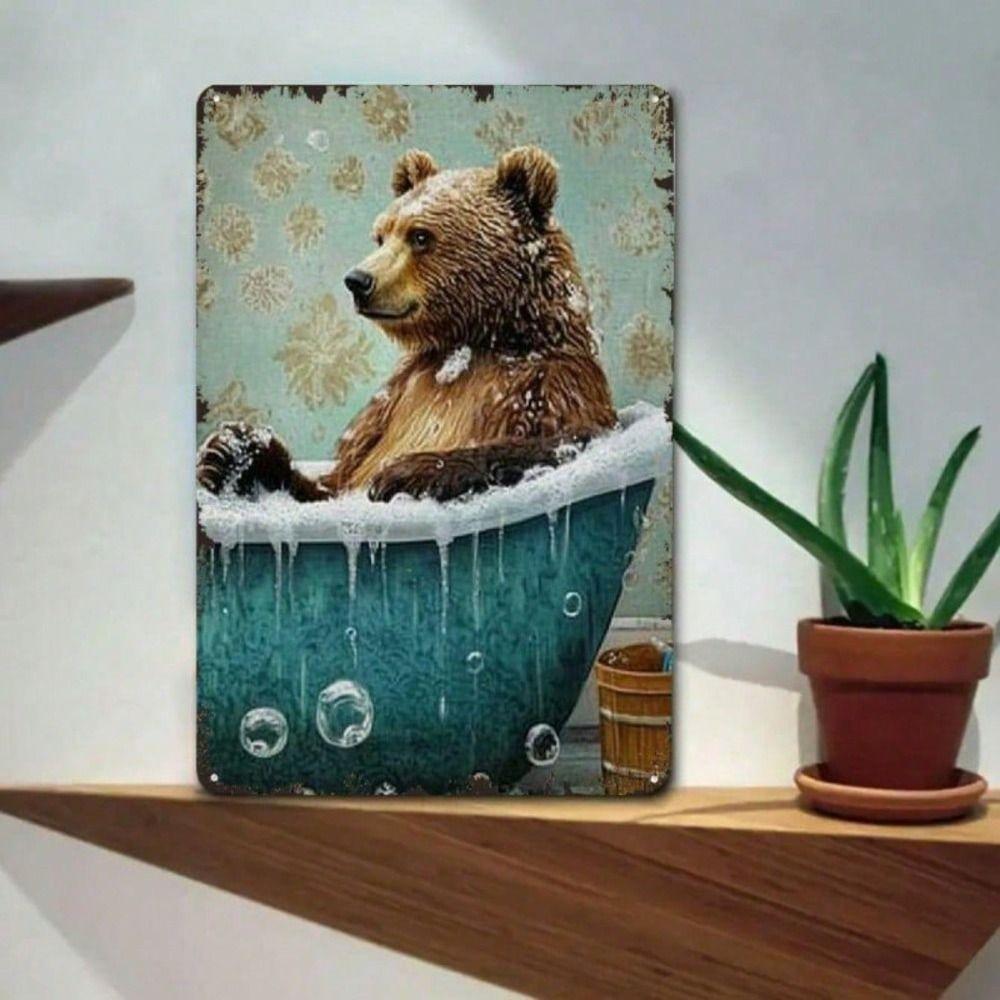 Vintage Metal Poster Wall Art Retro Bear Bathroom Rustic Decor