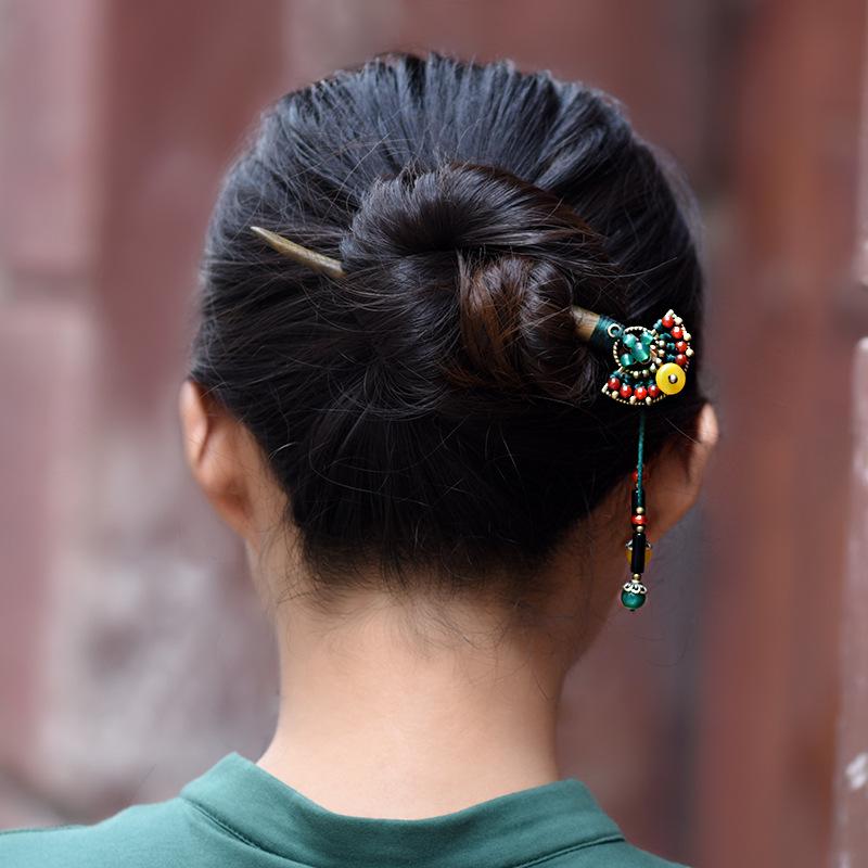Épingle à cheveux en bois de santal vert Épingle à cheveux Rétro Élégante Épingle à cheveux