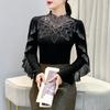 Autumn Winter Women's Black Ruffles Sleeve Rhinestone Flower Tshirt Elegant Full Sleeve Slim Ladies Buttom Tops