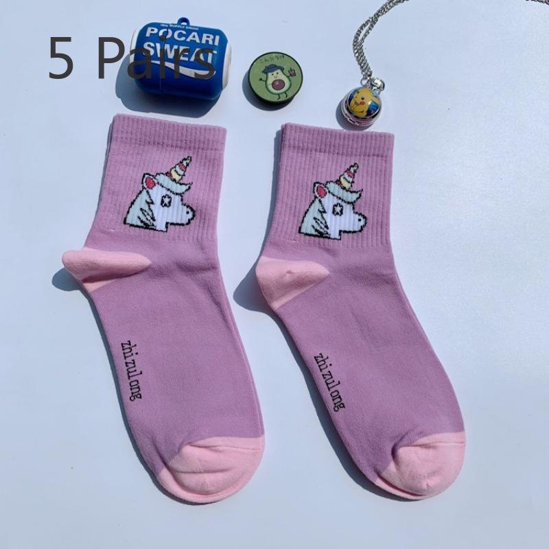 

5 пар носков длиной до середины икры в стиле Харадзюку с изображением мультяшной лошади для скейтбординга, уличные носки для мужчин и женщин, короткие носки для пар 5 pairs