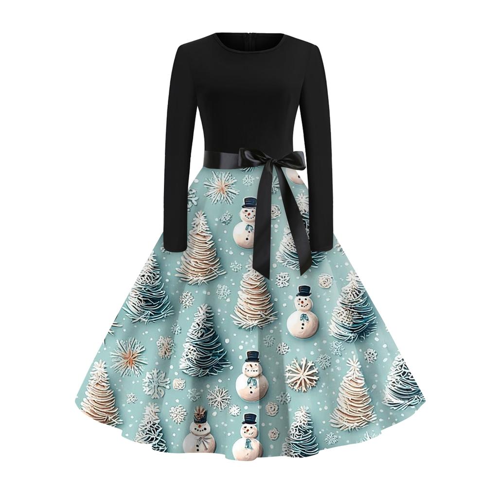 Damen Modisches Und Elegantes Herbst- Und Winter Langarm Rundhals Weihnachtsdruck Kleid