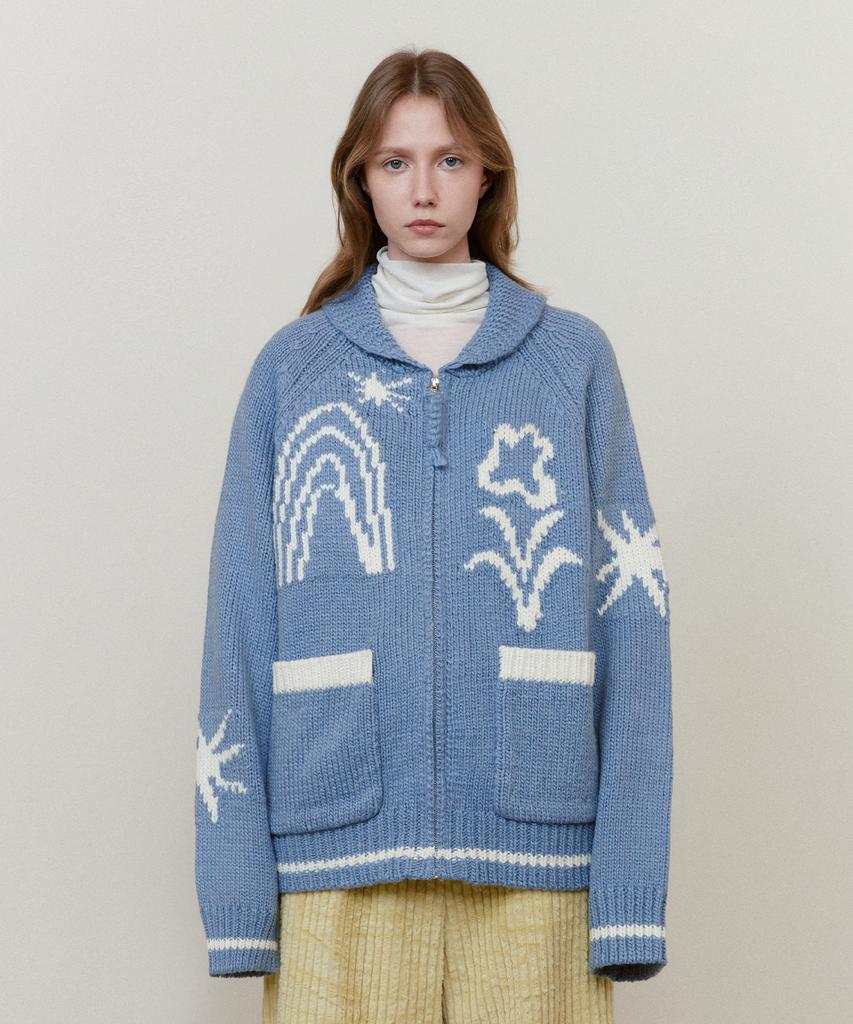 Fallett Drawing Garden Cowichan Knit Zip-Up Navy