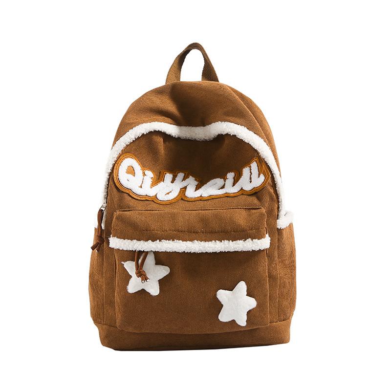 

Винтажный универсальный модный рюкзак Рюкзак для старшеклассника Новая школьная сумка с плюшевой отделкой Студентка колледжа темно-коричневого