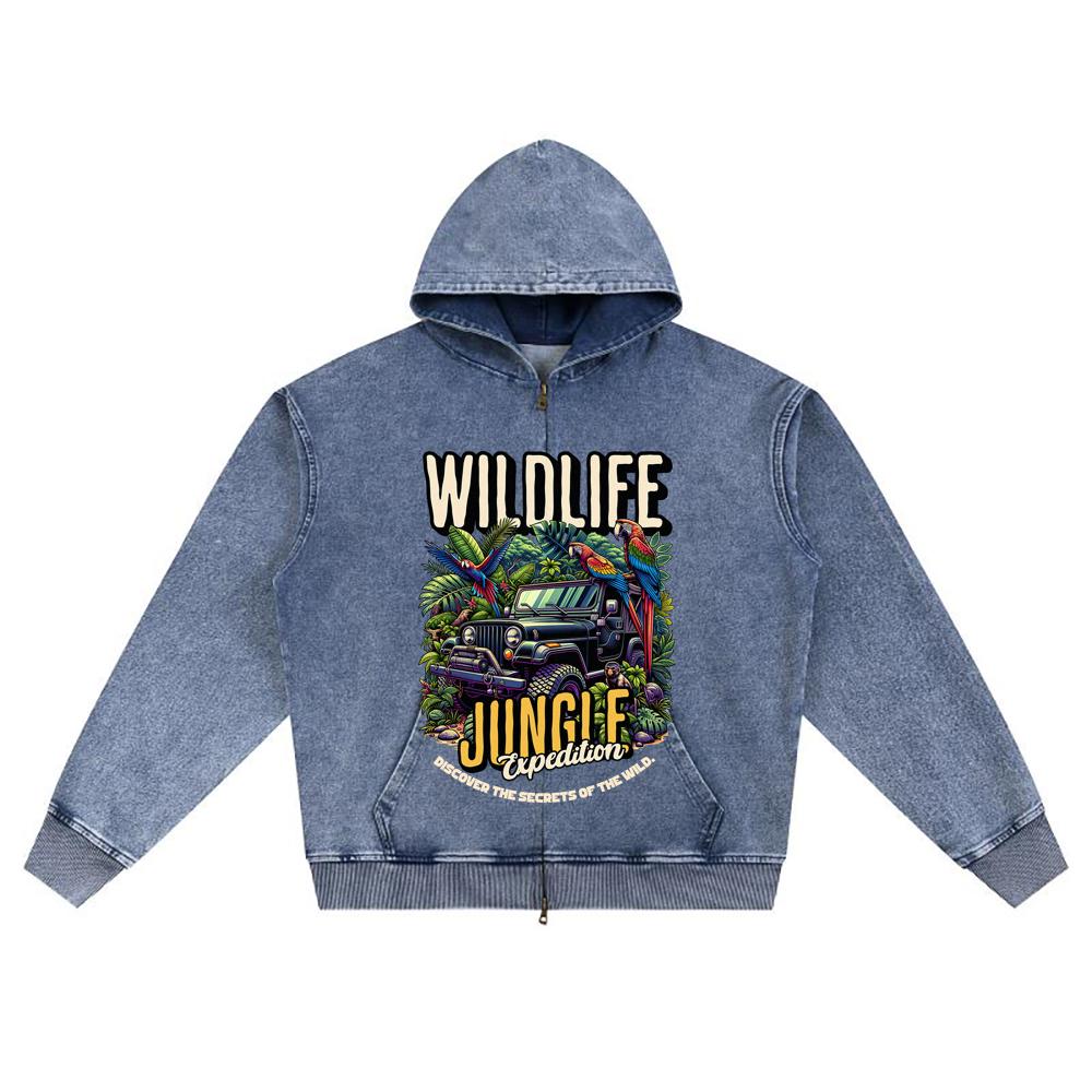 DTG Print Knitted Denim Zip-Up Hoodie Jungle Expedition Brother Print Zipper Hoodies