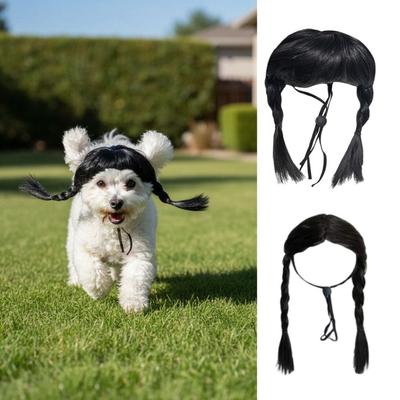 Black Double Ponytail Pet Hairpiece Funny Elastic Strap Animal Wig High Temperature Fiber Universal Pet Wig Festival Cosplay
