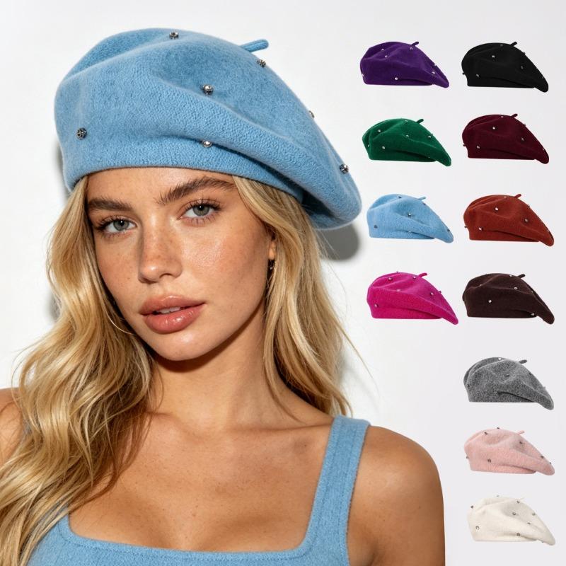 Women S Wool Beret Hat With Rhinestones Vintage Multi Color Face Slimming