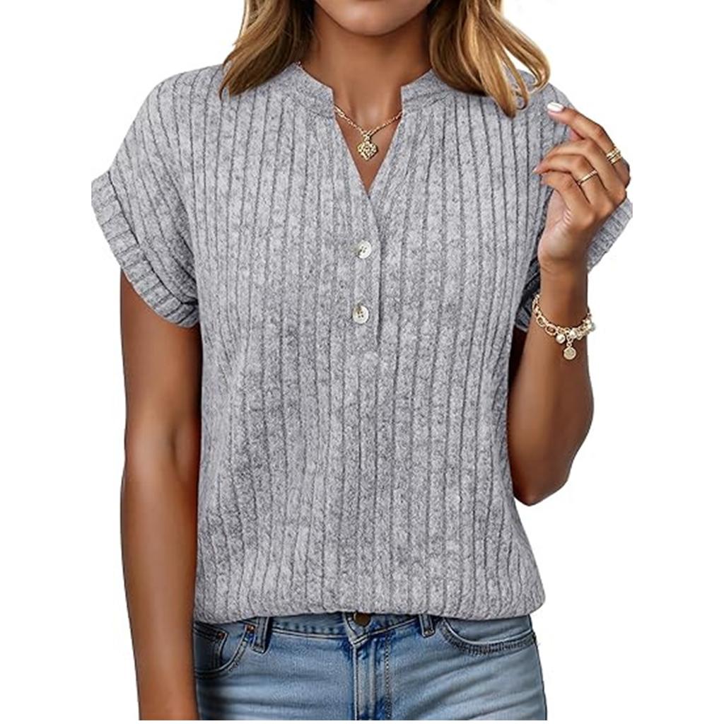 Women's Casual Fashion New Short,Sleeved Button,Up V,Neck Top