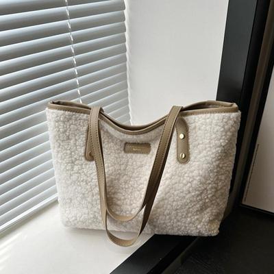 Soft Handbag Large Capacity Fall Winter Shoulder Bag Women Lamb Wool Tote Bag Zipper Closure Casual Shopping Traveling Tote MIT