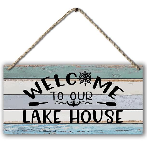 Welcome To Our Lake House Farmhouse Printed Wood Plaque Sign Wall Hanging,Rustic Hanging Wall Signs for Lake House Summer Home Decor 12 X 6 Inches