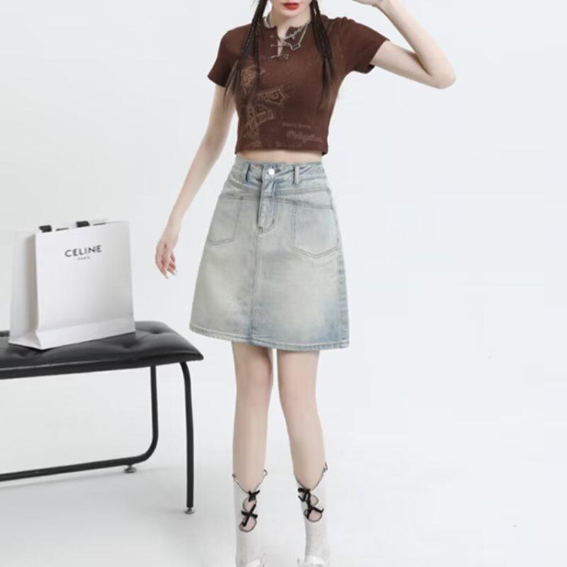 High-Waisted Women's Denim Mini Skirt - Trendy, Slimming A-Line for Summer.