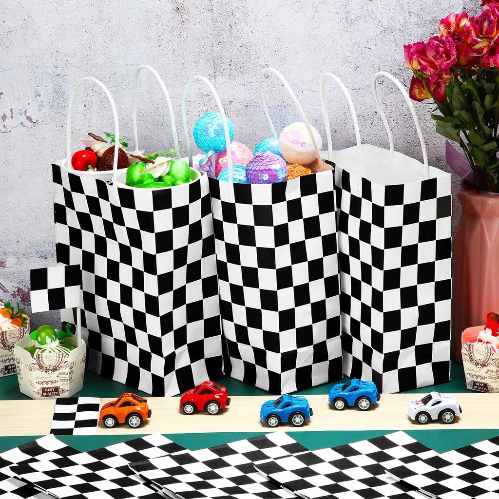 Gersoniel 24 Pieces Checkered Race Treat Bags White Black Checkered Bags Racecar Themed Candy Containers Plaid Kraft Paper Race Car Party Favors