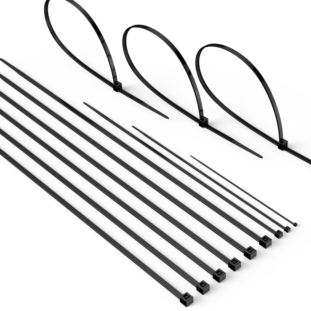 Highwings Cable Ties, 400-Pack, 4 Sizes, Durable, Weather-Resistant, Black, Nylon, Self-Locking, for Outdoor Use, Gardening, Motorcycles, and Cable