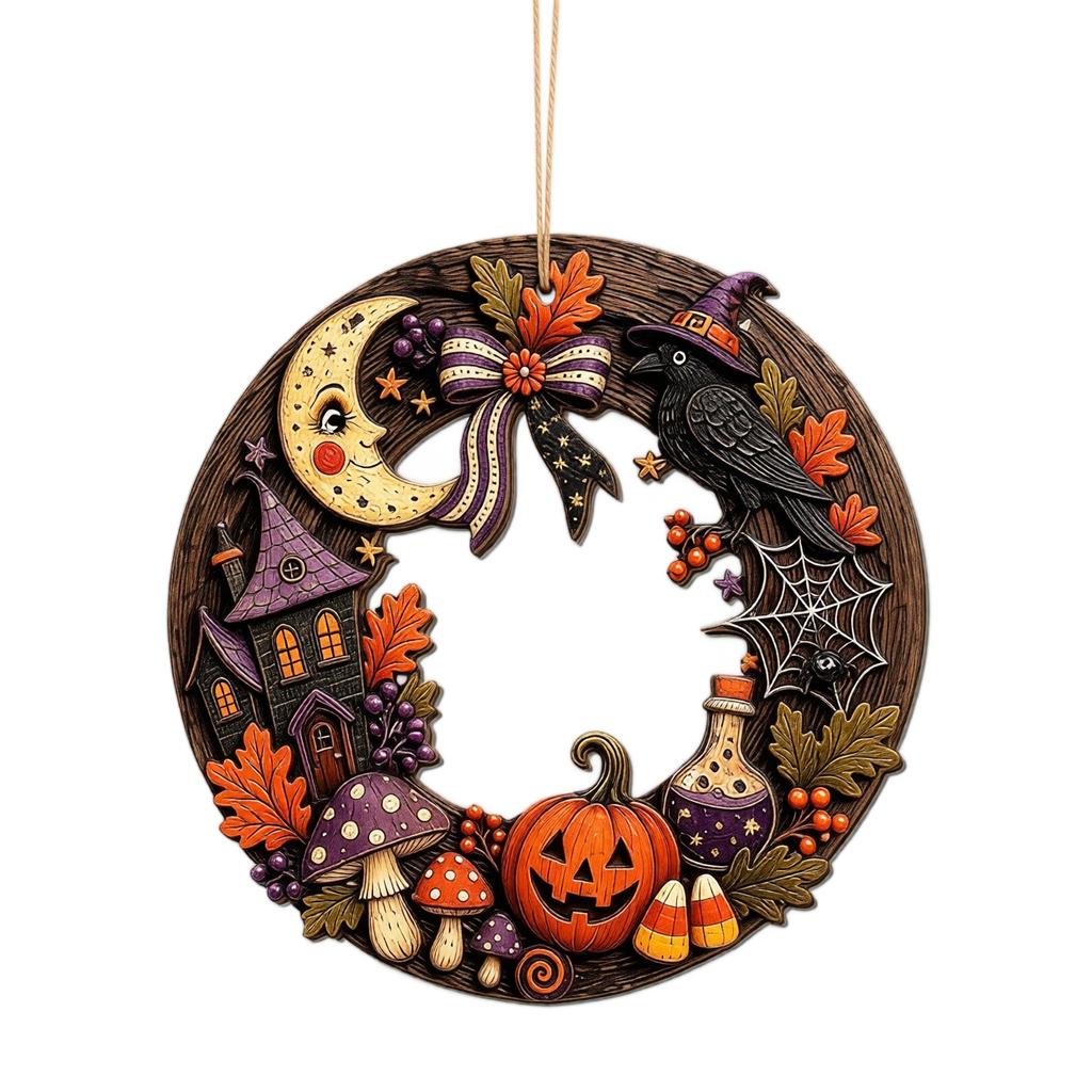 Wooden Halloween Hollow Hanging Ornament, Openwork Cutout Decorative Pendant for Home, Party and Seasonal Decor