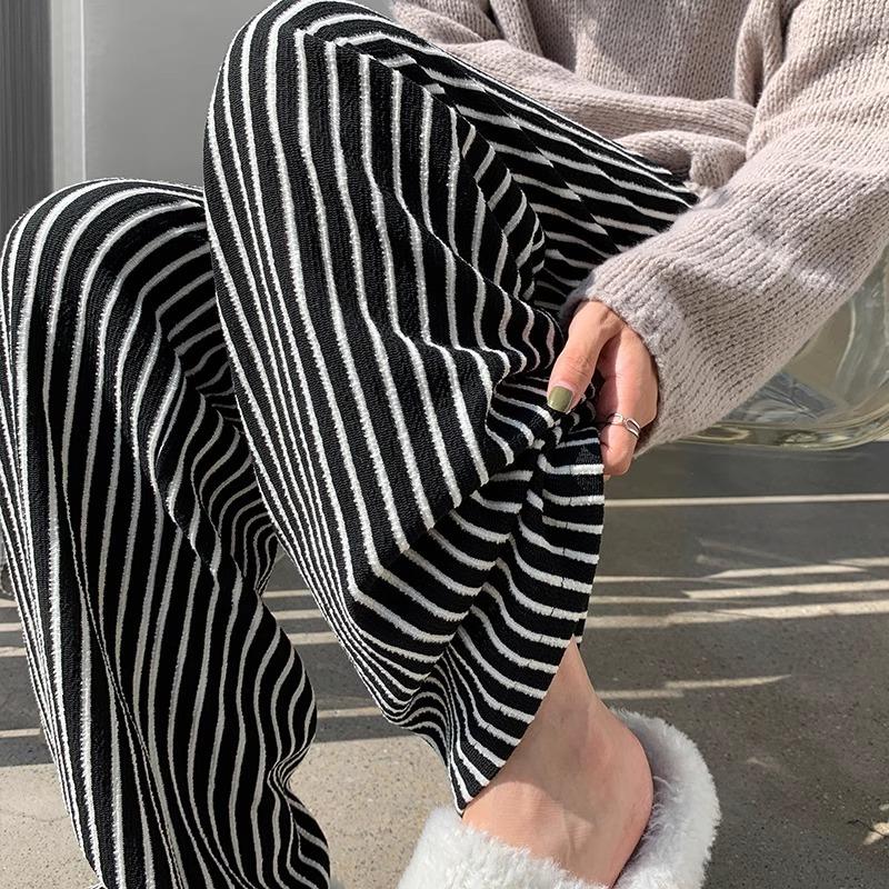 Texture soft waxy towel pants women's spring new black and white striped pants women's lazy wind loose and drape wide-leg pants