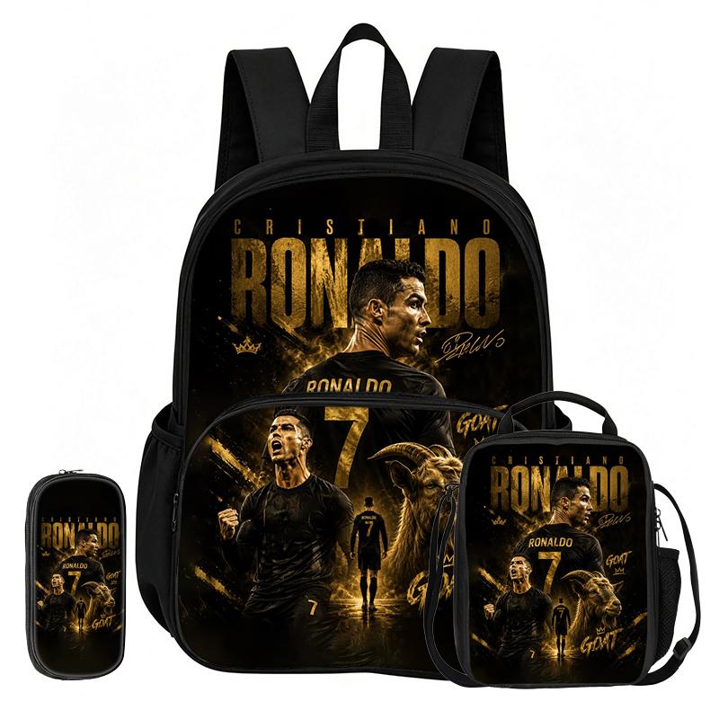 Learn, Travel Football Star School Bag Ronaldo 3 Pcs set with Front Pocket Backpack Lunch bag, Pencil Case, Sport Rucksack