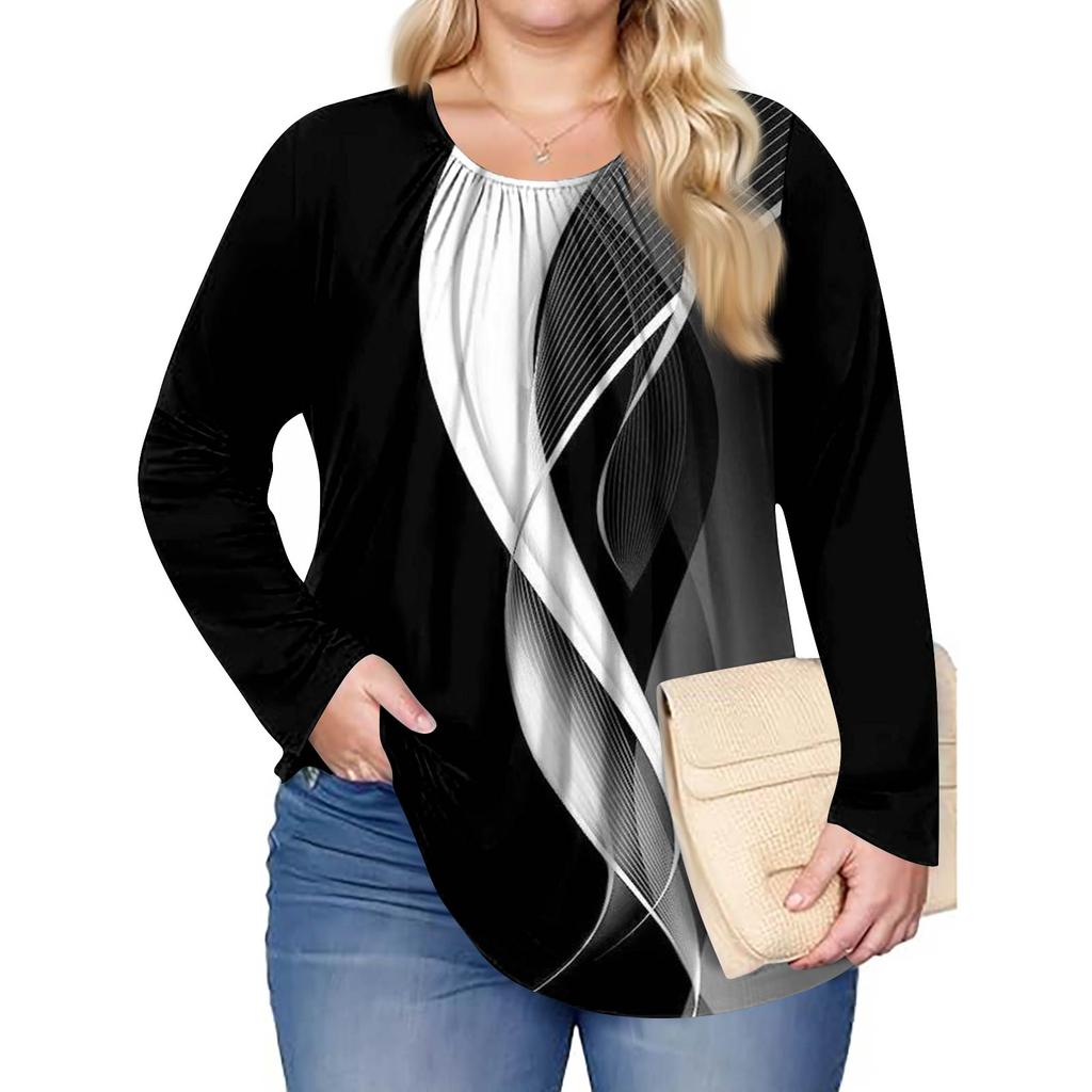 Women's Plus Size Fashion Printed Casual Pleated Round Neck Long Sleeve Top
