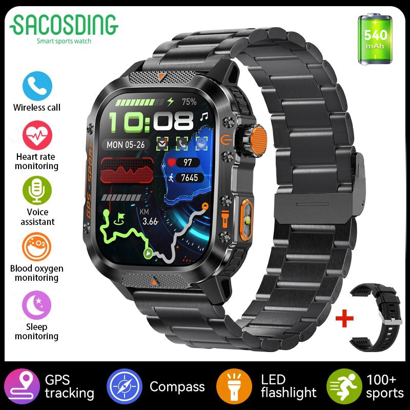 SACOSDING GPS Outdoor Sports Compass BlueTooth Call Smart Watch Waterproof Flashlight Heart Rate Health Smartwatch Information Reminder