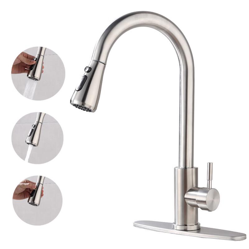 Yuzhuxun 304 Brushed Stainless Steel Wall-Mounted Pull-Out Kitchen Faucet