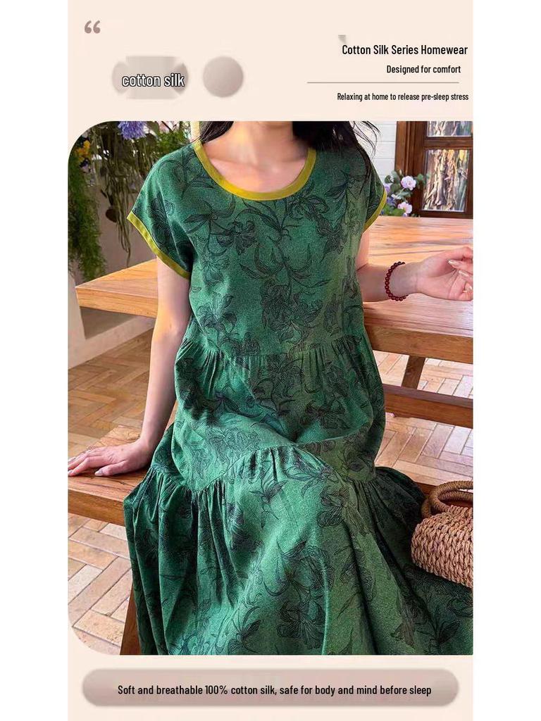 2026 Women's Lyocell Cotton Nightgown - Summer Short Sleeve, Outdoor & Homewear, New Chinese Style, Plus Size