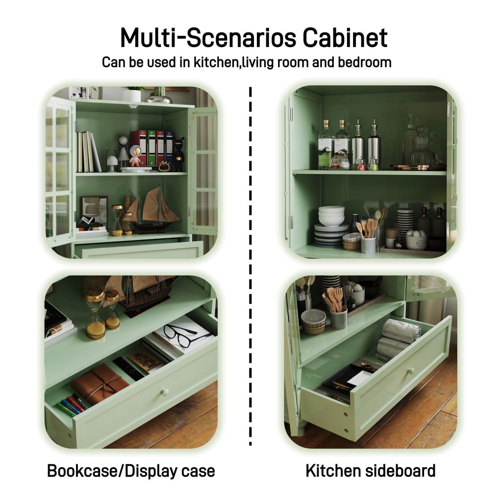 Minimalist buffet cabinet with two glass doors and drawers, wooden sideboard for living room, dining room, hallway and entrance area (mint green)