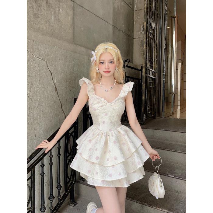 

Niche design sense French beautiful sweet Spice girl flying sleeve suspender dress fairy waist tutu skirt small man XL