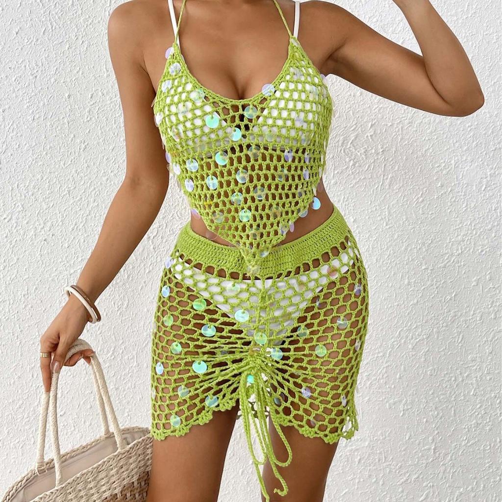 Beachwear Ladies Resort Beach Suit Pure Hand Hook Sequin Bikini Two-piece Beach Blouse