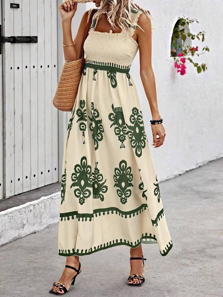 Womens Floral Print Cotton Polyester Sleeveless Maxi Dress For Beach Vacation Wear