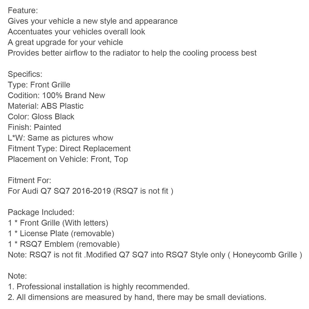 Gloss Black Front Bumper Radiator Vent Mesh Grille Grill Fit Q7 2016-2019