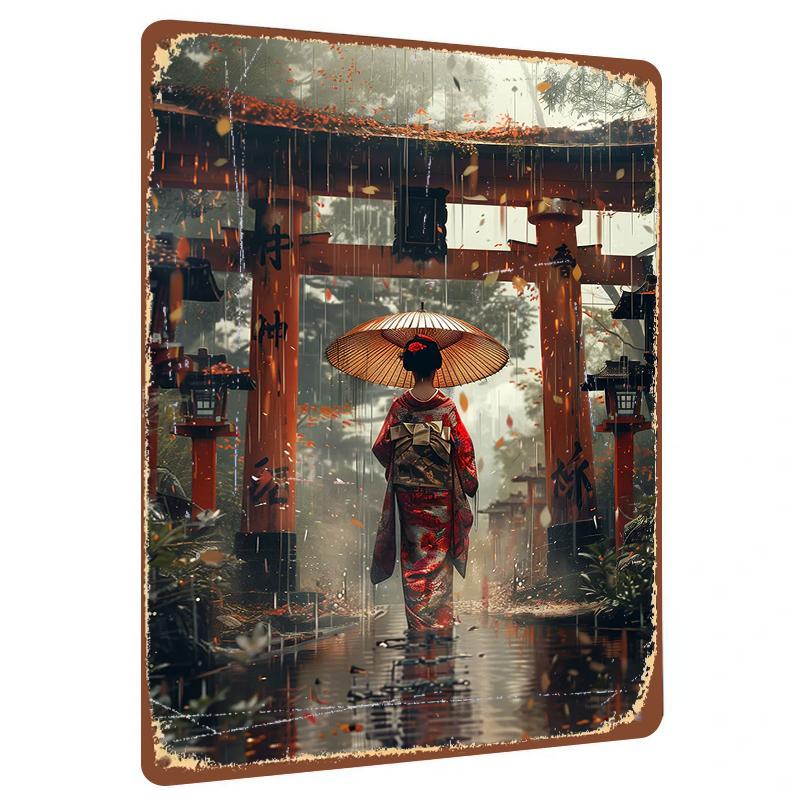 Japanese Geisha in Rain Torii Gate Metal Wall Art Traditional Ukiyo e Style Decorative Painting 20x30cm（7.8x11.8inch）