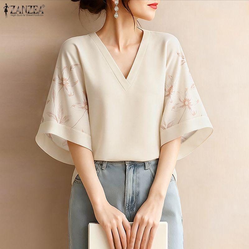 ZANZEA Women Casual Print Splice Short Sleeve Loose V-Neck Blouse