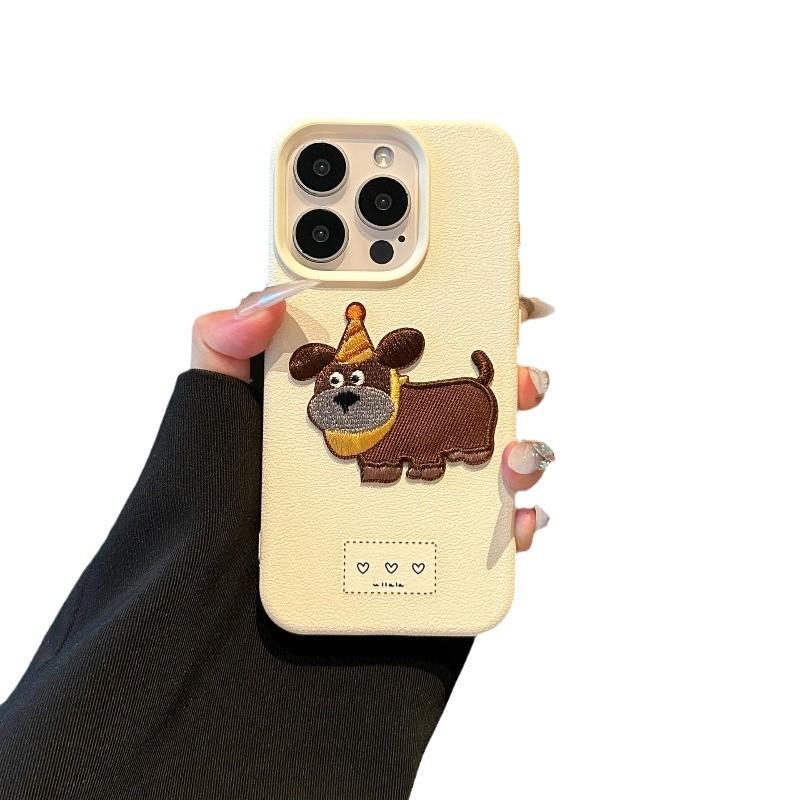 Cartoon Embroidered Dog for Apple 16 Mobile Phone Case 15promax Simple 14 Lychee Pattern for IPhone13mini