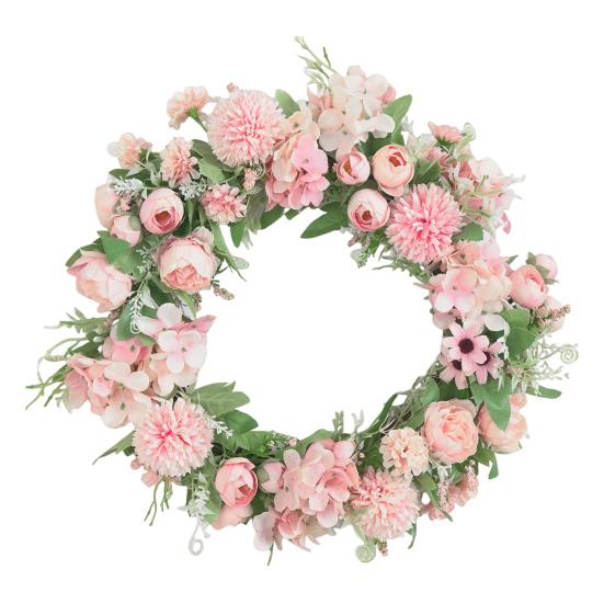 15.75" Spring Wreath Faux Peony Wreath Artificial Hydrangea Peony Flower Wreath with Green Leaves for Home Front Door Wedding Wall Decor