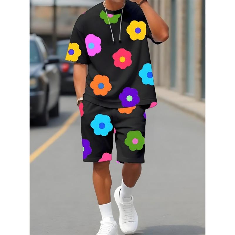 2 Piece Summer Casual Everyday Men's Short Sleeve Shorts Set Hawaiian Print Men's T-shirt Outdoor Sports Men's Beach Shorts
