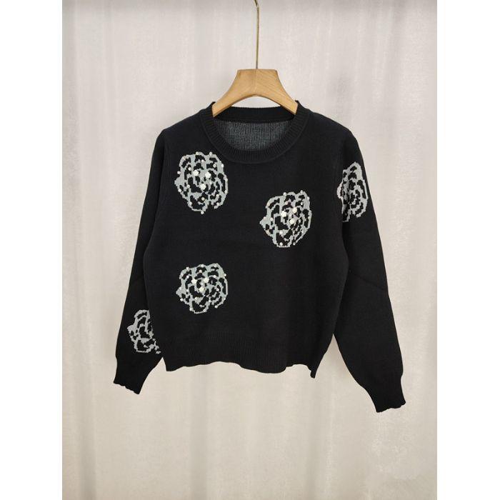 

Нежный и мягкий жаккардовый свитер с бисером в корейском стиле, вязаный топ высокого класса для женщин one size чёрный