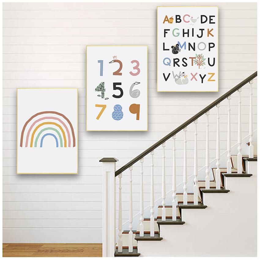 Kinderzimmer Wandkunst Pädagogisches Gemälde Dekoratives Bild ABC Poster Alphabet Nummer Poster und Drucke Regenbogen Leinwanddruck Baby