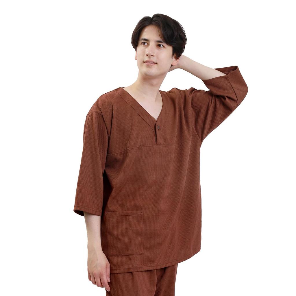 Fuuka Relaxation Wear Waffle Fabric Unisex Indoor Wear for Stone and Spas In-Hotel (Brown) Linen-Compatible Saunas, Hotels, Baths, (Size Small)