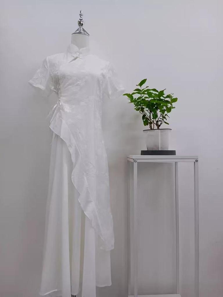 Elegant Summer Qipao with Irregular Ruffle - Sweet, Slimming, Long Dress