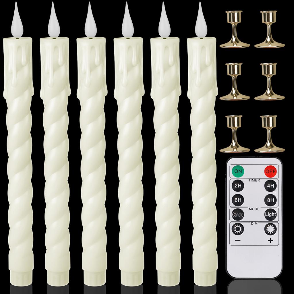 Pack of 12/24pc Flameless Flickering Ivory Taper Candles with Remote Battery Operated LED 3D Wick Candle Christmas Wedding Decor