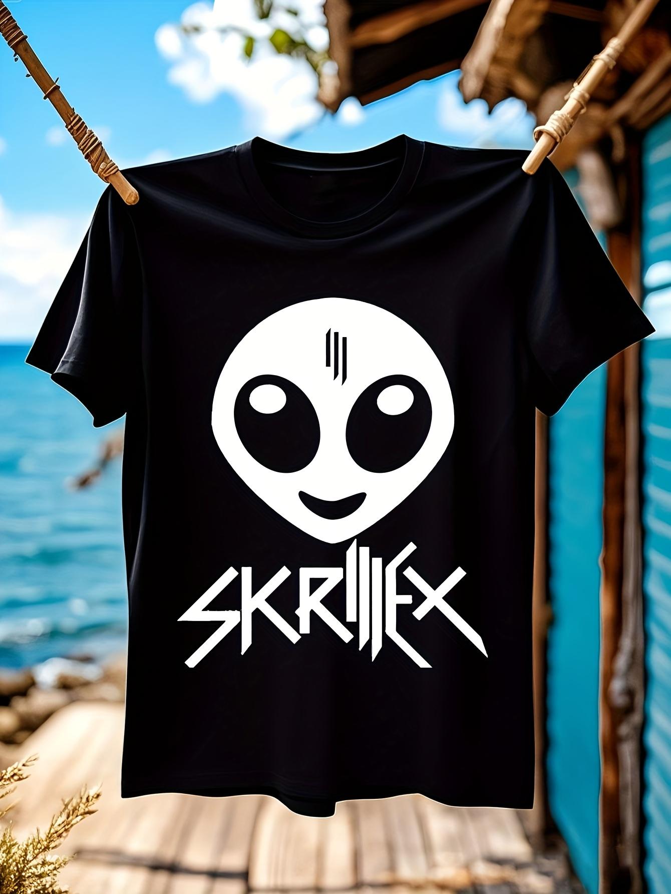 Skrillex  Graphic T-shirt - Black with White Alien Face & SKRILLEX Text - Heavyweight EDM DJ Merchandise - Round Neck Streetwear Tee for Concerts XXXXL