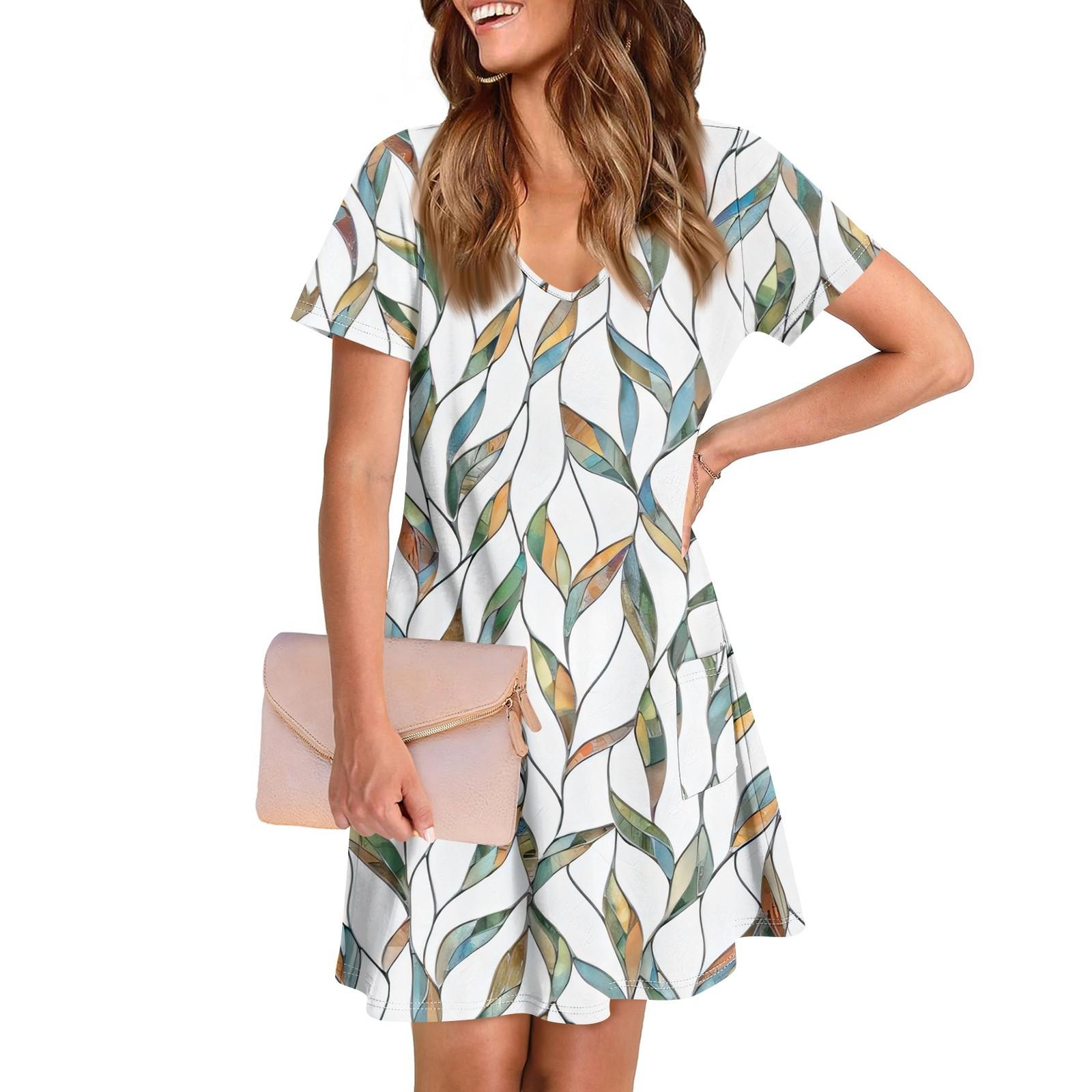 

Женское повседневное и модное платье средней длины с V-образным вырезом и короткими рукавами с принтом XXXL зелёный